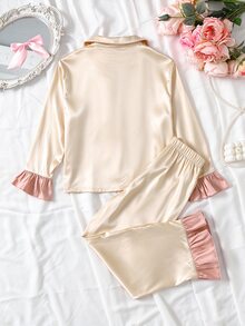 SHEIN Tween Girl Tween Girl Solid Color Satin Ruffle Sleeve Long Sleeve Pants With Pockets Embroidery 2 Pieces Set - Apricot - View 4