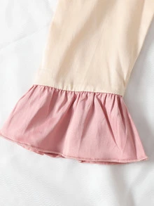 SHEIN Tween Girl Tween Girl Solid Color Satin Ruffle Sleeve Long Sleeve Pants With Pockets Embroidery 2 Pieces Set - Apricot - View 2