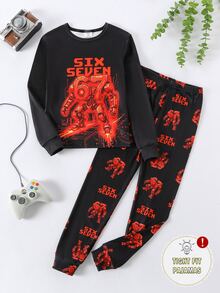SHEIN 男童螢光印花長袖長褲修身居家服 - 紅色 - 查看 7