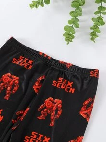 SHEIN 男童螢光印花長袖長褲修身居家服 - 紅色 - 查看 5