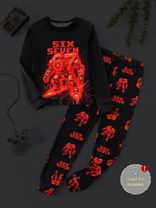SHEIN 男童螢光印花長袖長褲修身居家服 - 紅色 - 查看 1