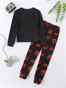 SHEIN 男童螢光印花長袖長褲修身居家服 - 紅色 - 查看 2