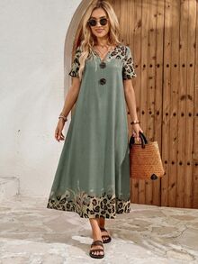 EMERY ROSE Women's Vacation Patchwork Leopard Print Cutout V-Neck Short Sleeve Dress Grey Leopard Print Summer Casual Tropical Boho Vintage Brunch - Green - View 5