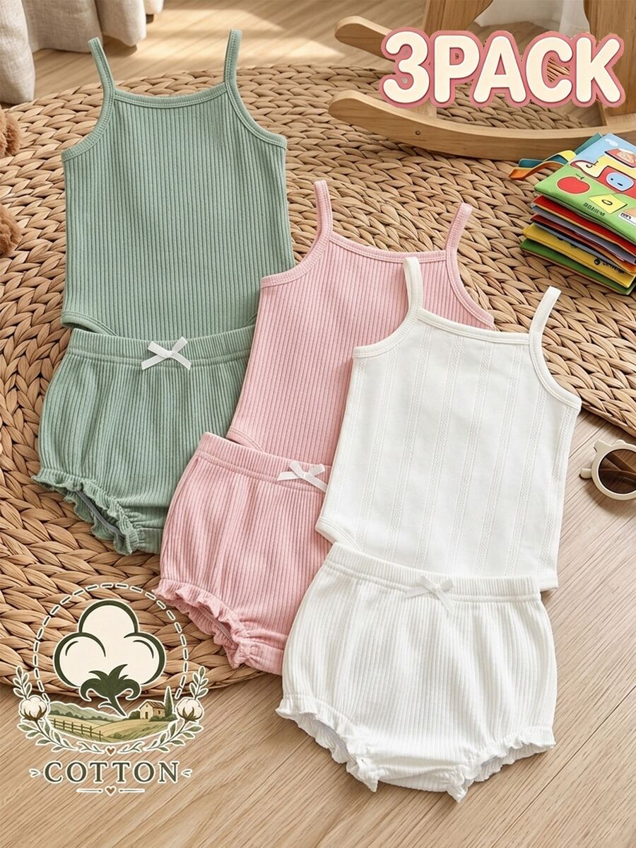 SHEIN 3pcs/Set Multicolor Ribbed Knit Thin Cute Ruffle Elastic Waist Shorts For Baby Girls, Perfect For Summer Casual Daily Wear - Multicolor - View 1