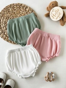 SHEIN 3件組女嬰多色羅紋針織薄款可愛荷葉邊鬆緊腰短褲，適合夏季休閒日常穿著 - 彩色 - 查看 2