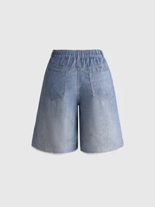 ROMWE Plus Size Women Y2K Millennium Patchwork Ultra Short Denim Five-Point Wide Leg Shorts - Blue - View 2