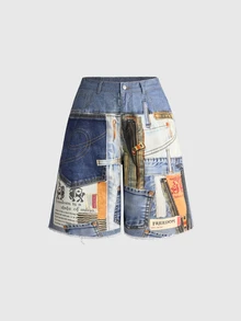ROMWE Plus Size Women Y2K Millennium Patchwork Ultra Short Denim Five-Point Wide Leg Shorts - Blue - View 1