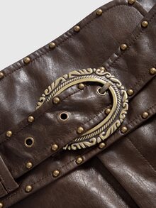 ROMWE Hippie 26 Autumn/Winter Y2K Sexy Hot Girl Bodycon PU Studded Plus Size Mini Shorts - Rust Brown - View 3
