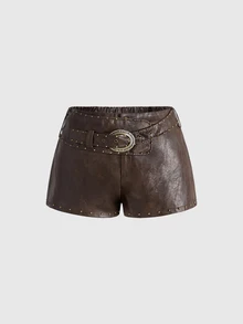 ROMWE Hippie 26 Autumn/Winter Y2K Sexy Hot Girl Bodycon PU Studded Plus Size Mini Shorts - Rust Brown - View 1