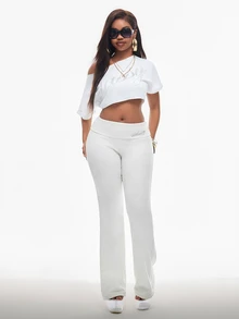Vadaroq Women's Fall Warm Streetwear Versatile Vintage Side Drawstring Y2K Flare Fleece-Lined White Long Pants - White - View 5