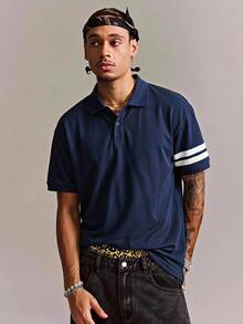 CRAVYNX Blue Men's Short Sleeve Top With Stripe Print - Black - View 3