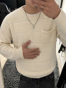 Manfinity CasualKnits 男士圓領高級簡約百搭毛衣，學院風休閒秋季上衣，男女款圖案毛衣，適合日常穿著與休閒 - 米色 - 查看 2