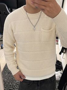 Manfinity CasualKnits 男士圓領高級簡約百搭毛衣，學院風休閒秋季上衣，男女款圖案毛衣，適合日常穿著與休閒 - 米色 - 查看 1