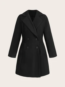 SHEIN Unity Women's Casual Solid Color Turndown Collar Double-Breasted Overcoat, Autumn/Winter Fall Cloth For Women - Black - View 3