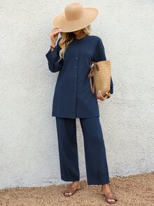EMERY ROSE 2pcs Women Casual Navy Blue Summer Vacation Holiday Set,Cotton Linen Front Button Long Sleeve Shirt Top And Pants,Solid Spring Outfits Teacher Clothes - Blue - View 5