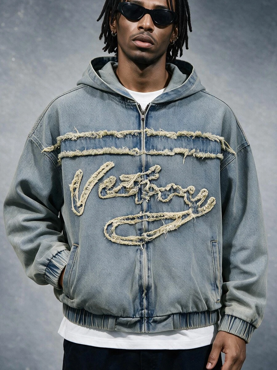 AXEPEAK Men's Washed Vintage Retro Hooded Applique Embroidered Zip-Up Long Sleeve Top - Blue - View 1