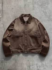 AXEPEAK 男士水洗時尚棕色拉鍊刺繡套裝 - 棕色 - 查看 2