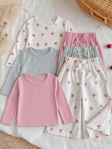 SHEIN Vintaside Kids 3件組女嬰上衣褲子套裝，可愛甜美粉色薄荷色櫻桃蝴蝶結荷葉邊紙袋腰燈芯絨長袖彼得潘領休閒派對春季寬鬆舒適時尚 - 彩色 - 查看 3