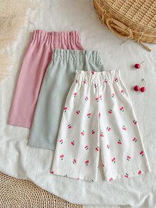SHEIN Vintaside Kids 3件組女嬰上衣褲子套裝，可愛甜美粉色薄荷色櫻桃蝴蝶結荷葉邊紙袋腰燈芯絨長袖彼得潘領休閒派對春季寬鬆舒適時尚 - 彩色 - 查看 2