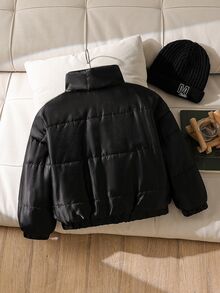 SHEIN 1件少女冬季極簡時尚休閒黑色立領拉鍊加厚保暖內裡短外套，彈性袖口與下擺，適合旅行、上學、日常穿著，適用秋冬 - 黑與白 - 查看 3