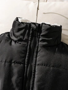 SHEIN 1件少女冬季極簡時尚休閒黑色立領拉鍊加厚保暖內裡短外套，彈性袖口與下擺，適合旅行、上學、日常穿著，適用秋冬 - 黑與白 - 查看 8