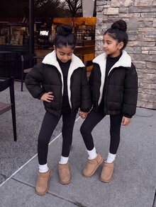 SHEIN 1件少女冬季極簡時尚休閒黑色立領拉鍊加厚保暖內裡短外套，彈性袖口與下擺，適合旅行、上學、日常穿著，適用秋冬 - 黑與白 - 查看 6