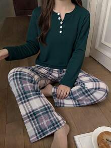1套青少年女孩格紋居家休閒套裝，深綠色純色半鈕扣上衣，綠色白色灰色經典格紋印花長褲，柔軟梭織布料垂墜感佳，長袖上衣 + 寬腿長褲 2件套，適合春秋居家休閒穿著 - 彩色 - 查看 5