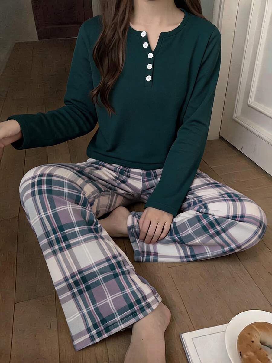 1 Set Teen Girls Plaid Lounge Set, Dark Green Solid Color Half-Button Top, Green White Gray Classic Plaid Print Pants, Soft Woven Fabric With Good Drape, Long Sleeve Top + Wide Leg Pants 2 Pieces Set, Suitable For Spring And Autumn Home Casual Wear - Multicolor - View 1
