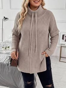 SHEIN CURVE+ ملابس علوية شتوية محبوكة بفتحة جانبية وياقة فرو مقاس كبير US22 - وردي - مشاهدة 7