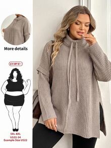 SHEIN CURVE+ ملابس علوية شتوية محبوكة بفتحة جانبية وياقة فرو مقاس كبير US22 - وردي - مشاهدة 1