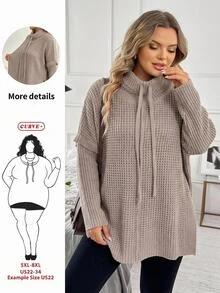 SHEIN CURVE+ ملابس علوية شتوية محبوكة بفتحة جانبية وياقة فرو مقاس كبير US22 - وردي - مشاهدة 8