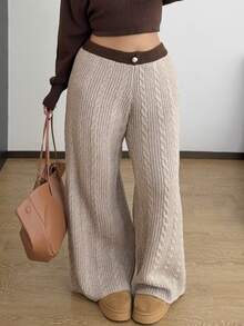 POPSWAY Plus Size Women Slimming Versatile Twisted Rope Straight Leg Sweater Pants, Suitable For Autumn/Winter Wear Fall - Khaki - View 1