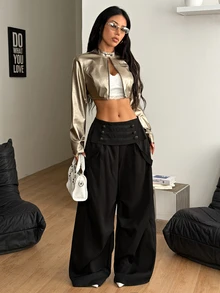 Coolane 女款秋冬保暖基本款休閒外穿性感時尚夜店街頭風短版拉鍊金屬銀色立領長袖夾克 - 金色 - 查看 2