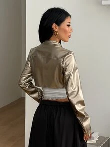 Coolane 女款秋冬保暖基本款休閒外穿性感時尚夜店街頭風短版拉鍊金屬銀色立領長袖夾克 - 金色 - 查看 6