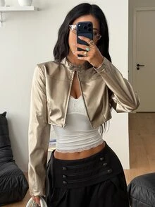 Coolane 女款秋冬保暖基本款休閒外穿性感時尚夜店街頭風短版拉鍊金屬銀色立領長袖夾克 - 金色 - 查看 5