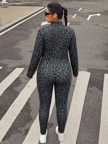SHEIN EZwear 大尺碼休閒豹紋無袖上衣、長褲與拉鍊外套秋季套裝 - 彩色 - 查看 2