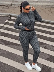 SHEIN EZwear 大尺碼休閒豹紋無袖上衣、長褲與拉鍊外套秋季套裝 - 彩色 - 查看 6