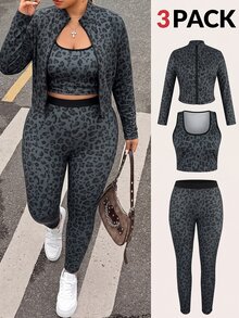 SHEIN EZwear 大尺碼休閒豹紋無袖上衣、長褲與拉鍊外套秋季套裝 - 彩色 - 查看 4