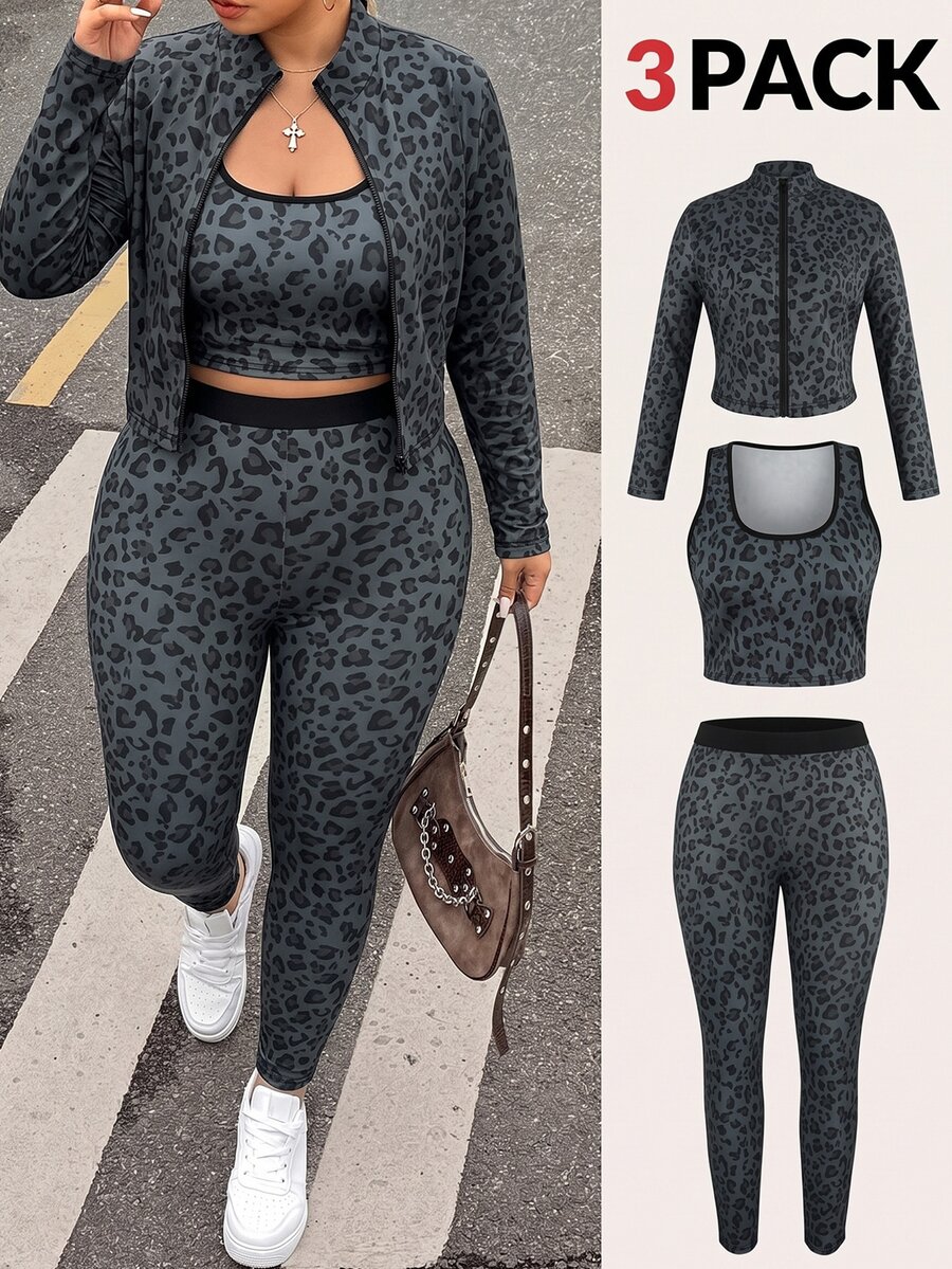 SHEIN EZwear طقم خريفي كاجوال بمقاس كبير: توب بدون أكمام بطبعة نمر، بنطال، وجاكيت بسحاب - متعدد الألوان - مشاهدة 1