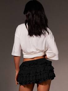 Athîral White Summer Shorts Balletcore Sweet Bow Kawaii Mesh Contrast Lace Ruffle Trim Shorts Summer Shorts Summer Women Clothes Cute Shorts - Black - View 2