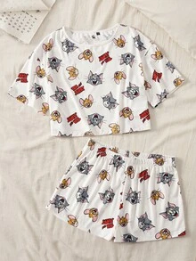 TOM & JERRY X SHEIN 女士卡通印花短袖上衣和短裤睡衣套装 - 杏色 - 查看 4