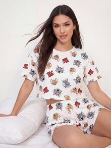 TOM & JERRY X SHEIN 女士卡通印花短袖上衣和短裤睡衣套装 - 杏色 - 查看 2