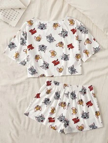 TOM & JERRY X SHEIN 女士卡通印花短袖上衣和短裤睡衣套装 - 杏色 - 查看 5