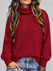 Raffinéva Casual High Collar Loose Ribbed Knit Drop Shoulder Sweater For Autumn/Winter, Long Sleeve Top Knit Pullover Fall - Burgundy - View 3