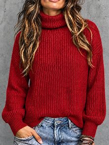 Raffinéva Casual High Collar Loose Ribbed Knit Drop Shoulder Sweater For Autumn/Winter, Long Sleeve Top Knit Pullover Fall - Burgundy - View 1
