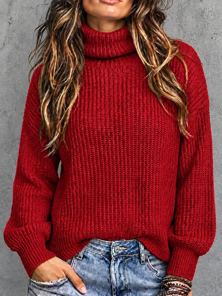 Raffinéva Casual High Collar Loose Ribbed Knit Drop Shoulder Sweater For Autumn/Winter, Long Sleeve Top Knit Pullover Fall - Burgundy - View 1