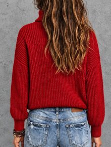 Raffinéva Casual High Collar Loose Ribbed Knit Drop Shoulder Sweater For Autumn/Winter, Long Sleeve Top Knit Pullover Fall - Burgundy - View 2