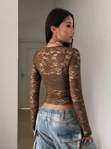 StreetHx Women's Black Floral Lace Blouse Date Night Autumn - Brown - View 2