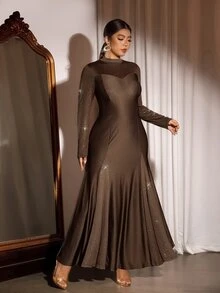 Cravure Plus Size Women's Elegant Comfortable Semi-High Neck Long Sleeve Coffee Color Gold Foil Glitter Patchwork Split Flowy Draped Mermaid Long Dress, Versatile For Daily Wear And Party Occasions - Coffee Brown - View 5