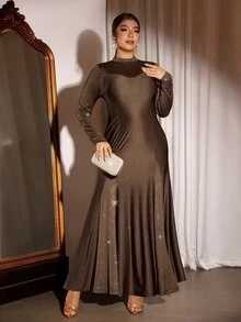Cravure Plus Size Women's Elegant Comfortable Semi-High Neck Long Sleeve Coffee Color Gold Foil Glitter Patchwork Split Flowy Draped Mermaid Long Dress, Versatile For Daily Wear And Party Occasions - Coffee Brown - View 8